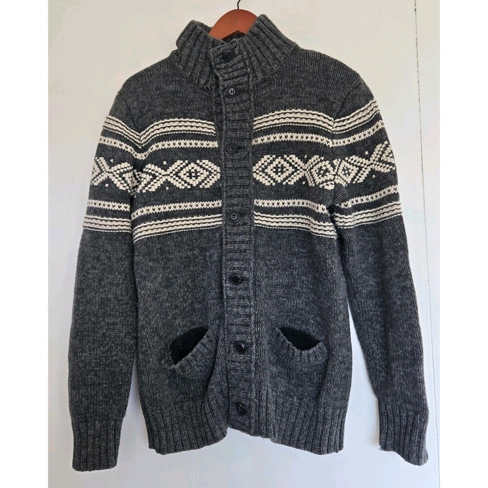 American Eagle Sweater Mens Large Gray Shawl Collar Cardigan Fair Isle Pockets